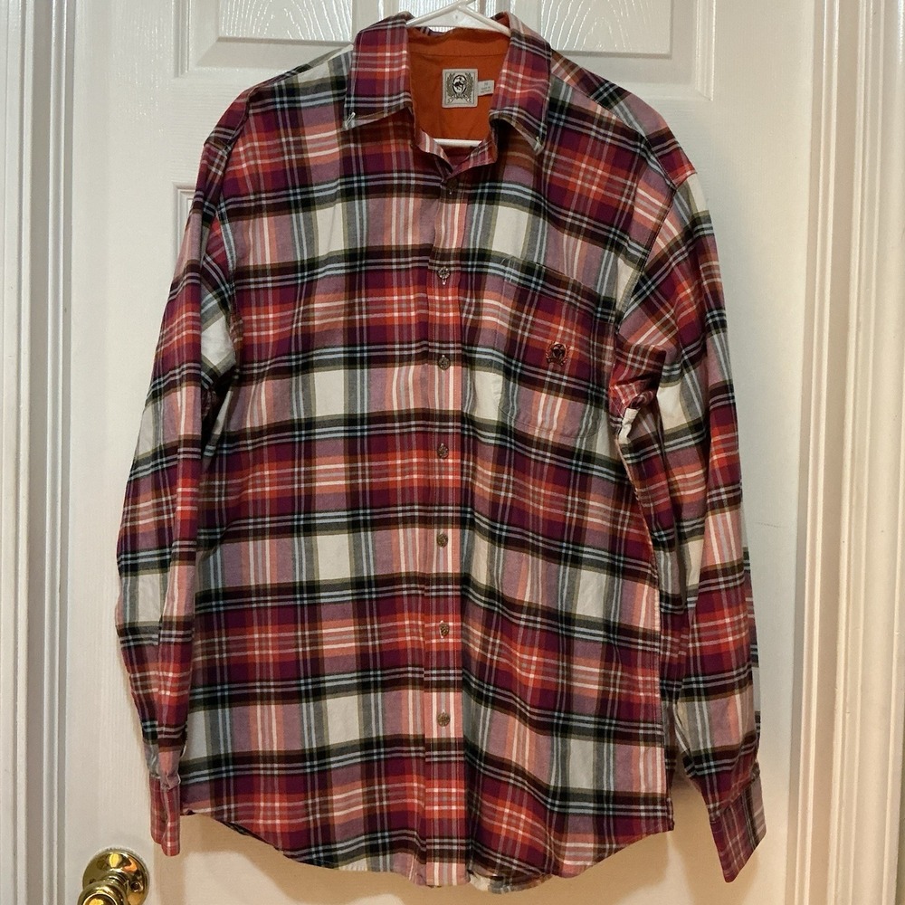 Cinch Orange Red Plaid Medallion Button Down White Label Long Sleeve Shirt Rodeo
